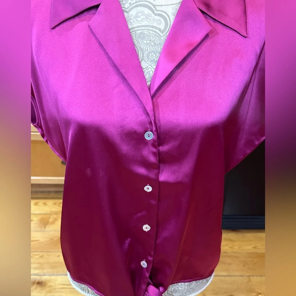 Rachel Zoe Satin Tie-Front Button Blouse Fuchsia Pink M PLEASE READ DESCRIPTION - Picture 3 of 7